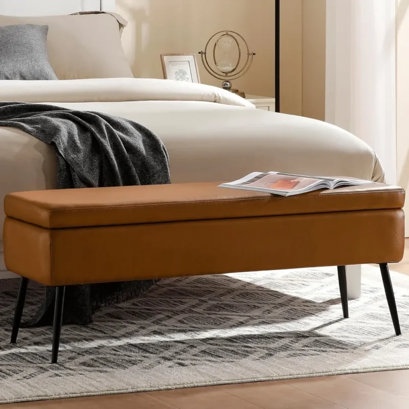 Mid-Century Modern Faux Leather Storage Ottoman Bench with Metal Frame for Entryway and Living Room