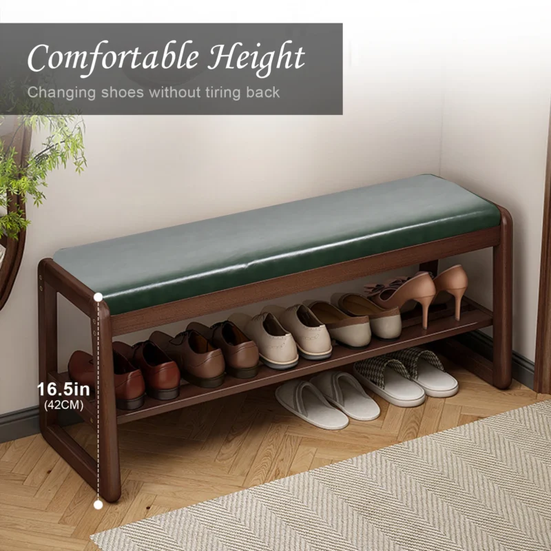 Modern Wood Entryway Bench with Cushioned Seat and Shoe Storage Rack for Hallway - Image 9
