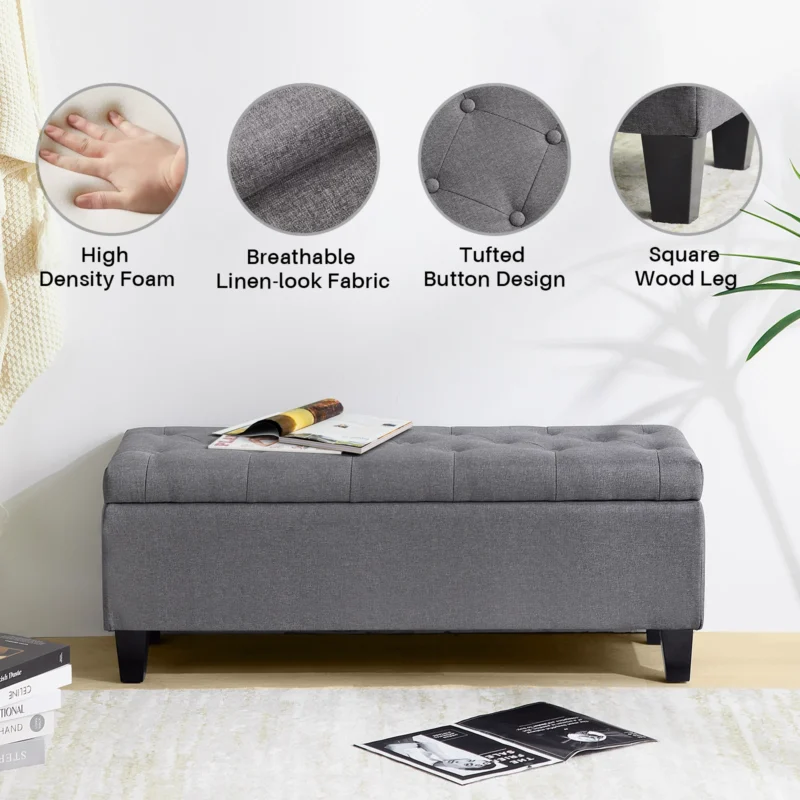 Modern Upholstered Storage Ottoman Bench with Safety Hinge for Entryway and Bedroom - Image 4