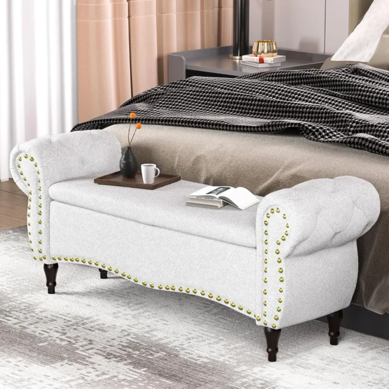 Modern Upholstered Storage Ottoman Bench with Rolled Arms for Living Room and Bedroom - Image 2