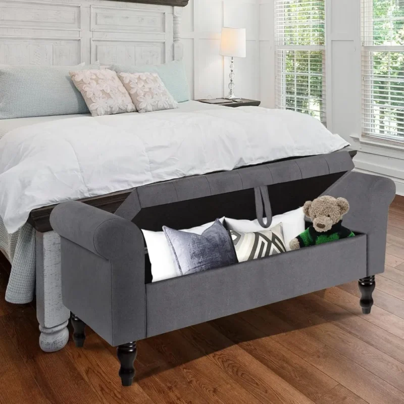 Modern Grey Upholstered Storage Ottoman Bench with Rolled Arms for Bedroom and Entryway - Image 5