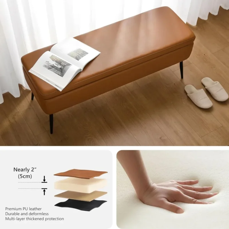 Mid-Century Modern Faux Leather Storage Ottoman Bench with Metal Frame for Entryway and Living Room - Image 4