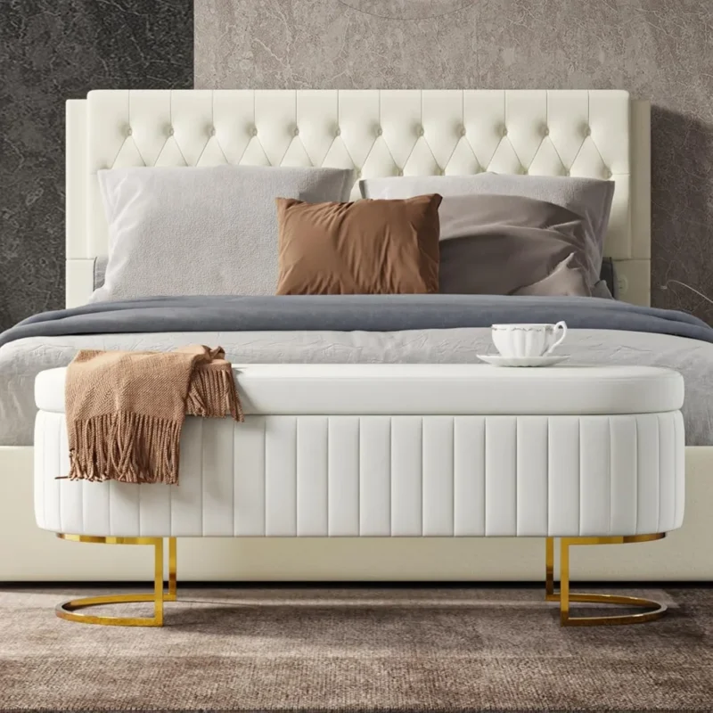 Modern Velvet Upholstered Storage Bench with Gold Legs for Bedroom and Entryway - Image 3
