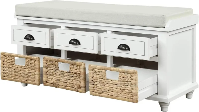 Modern Storage Bench with Drawers, Baskets and Cushion for Entryway and Bedroom - Image 4