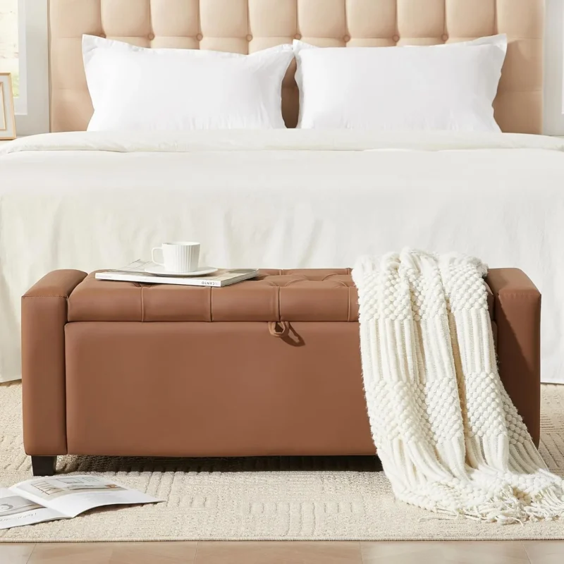 Modern Linen Upholstered Storage Ottoman Bench with Tufted Top for Bedroom and Entryway - Image 10