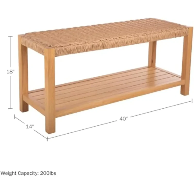 Modern Rustic Woven Rope Entryway Bench with Storage Shelf for Bedroom and Living Room - Image 3