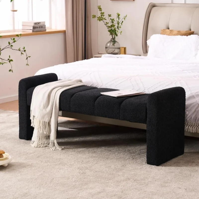 Modern Upholstered 54-Inch Channel Tufted Bench with Boucle Fabric for Bedroom and Living Room - Image 3