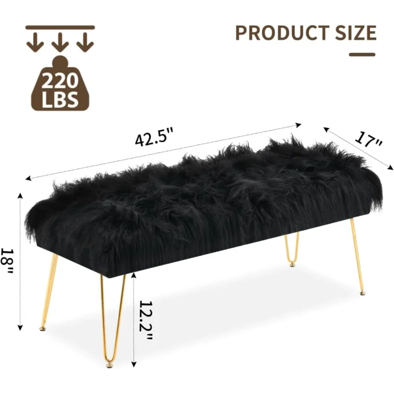Modern Black Faux Fur Ottoman Bench with Gold Legs for Entryway and Bedroom - Image 3
