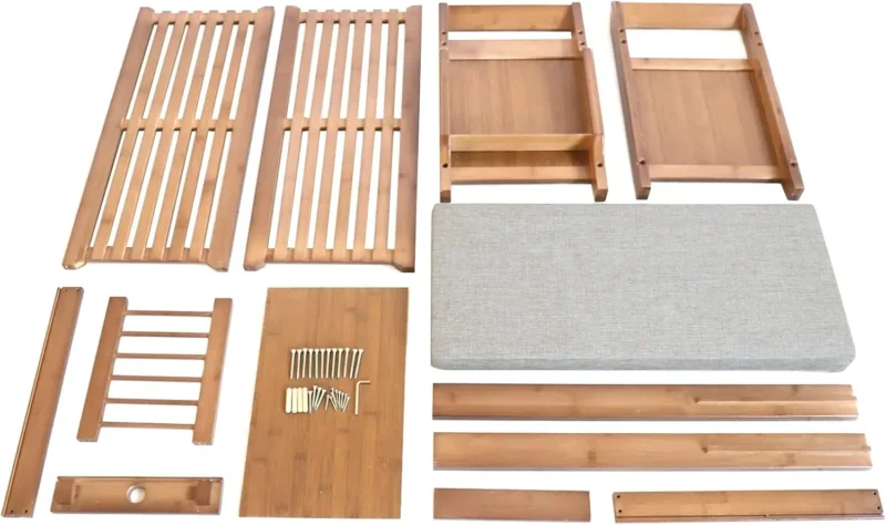 Bamboo Entryway Bench with Cushion Storage Drawer and Shoe Rack for Living Room - Image 6