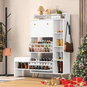 Modern Entryway Shoe Cabinet with Bench Seat and Storage Drawers for Hallway Organization