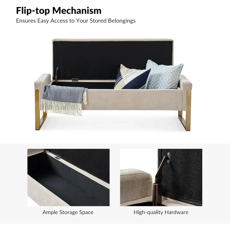Modern Beige Upholstered Storage Ottoman Bench with Gold Legs for Bedroom and Entryway - Image 5