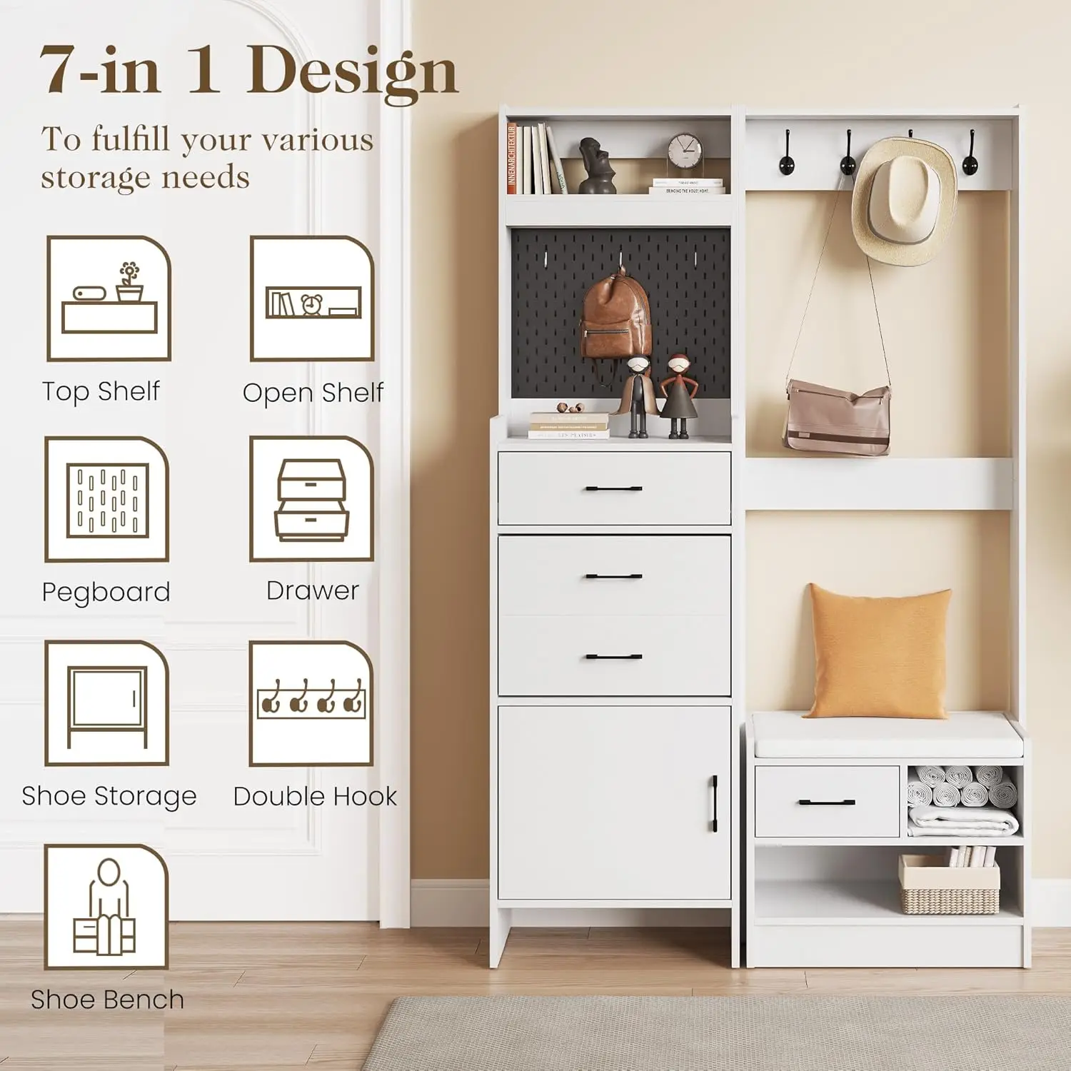 Modern hall tree with integrated bench and hidden shoe storage for complete entryway organization