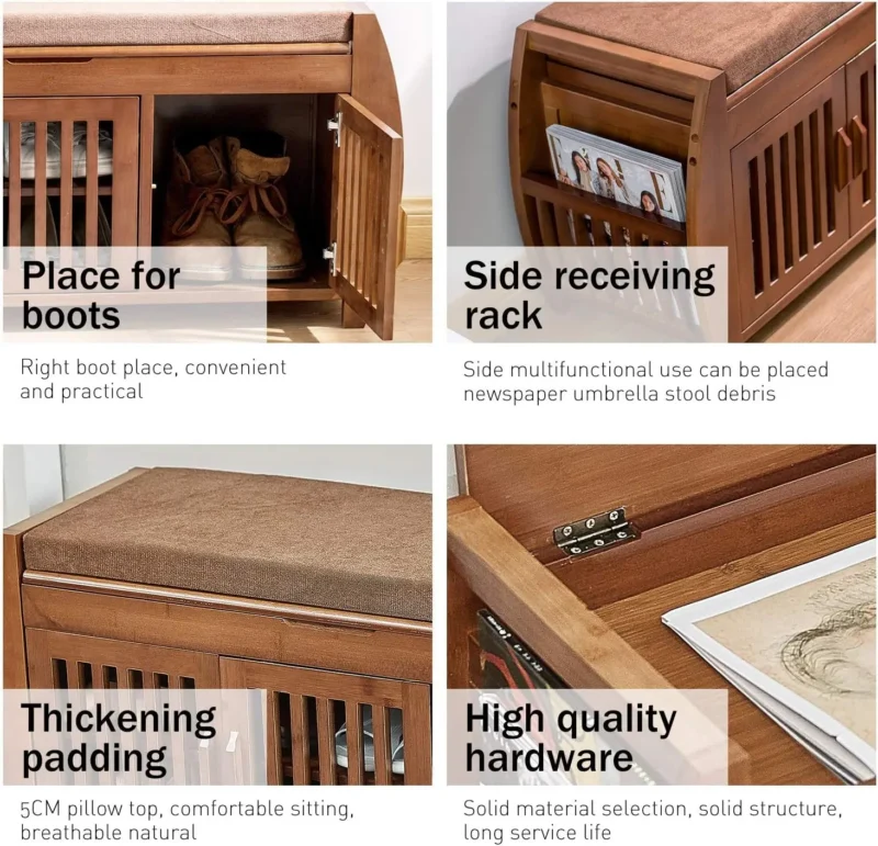 Modern Wooden Entryway Bench with Hidden Storage Compartment and Detachable Cushion - Image 2