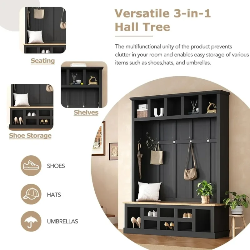 Tall Wood Hall Tree Storage Bench with Coat Hooks for Entryway Organization - Image 4