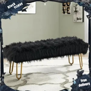 Modern Black Faux Fur Ottoman Bench with Gold Legs for Entryway and Bedroom