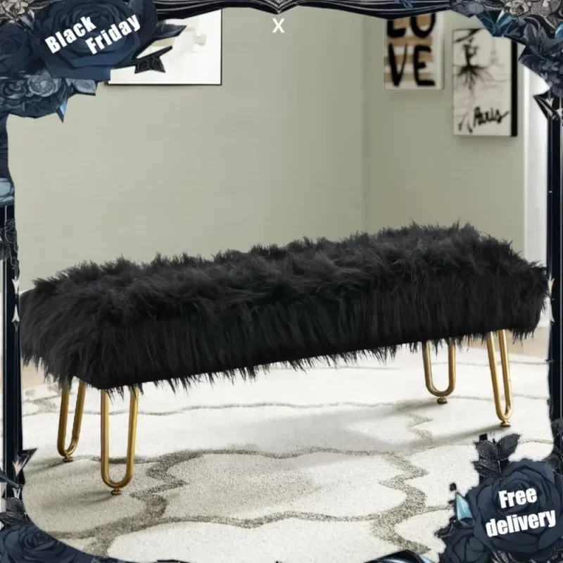Modern Black Faux Fur Ottoman Bench with Gold Legs for Entryway and Bedroom