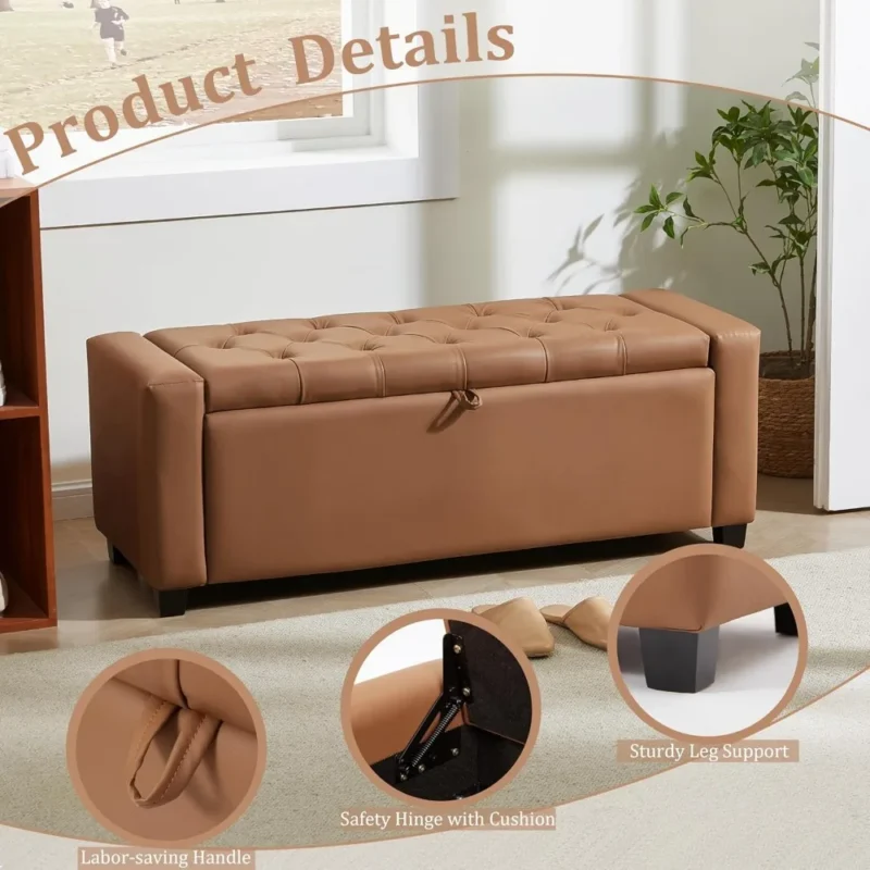 Modern Linen Upholstered Storage Ottoman Bench with Tufted Top for Bedroom and Entryway - Image 6
