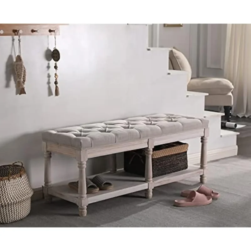 Modern Tufted Entryway Storage Bench with Shoe Rack for Hallway and Bedroom