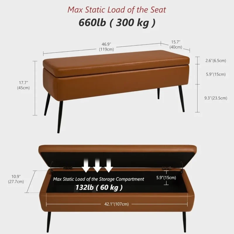 Mid-Century Modern Faux Leather Storage Ottoman Bench with Metal Frame for Entryway and Living Room - Image 2
