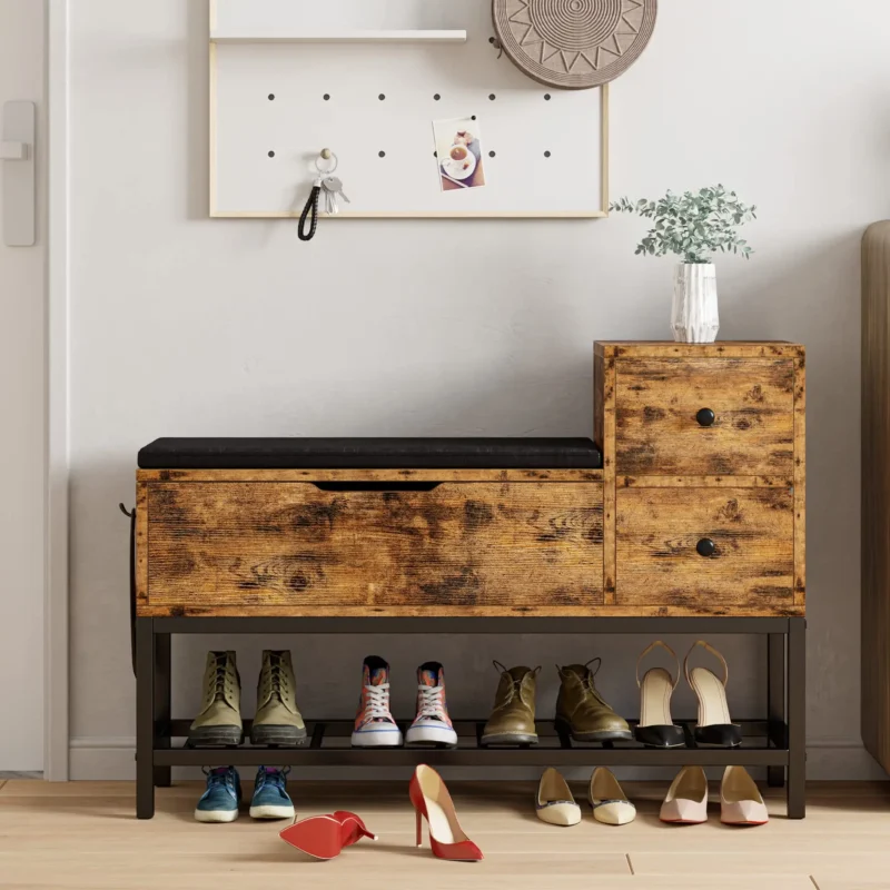 Modern Wooden Entryway Bench with Storage Drawers and Shoe Rack