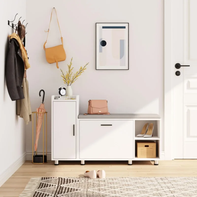 Modern Wooden Shoe Storage Bench with Padded Seat and Cabinet for Entryway - Image 7