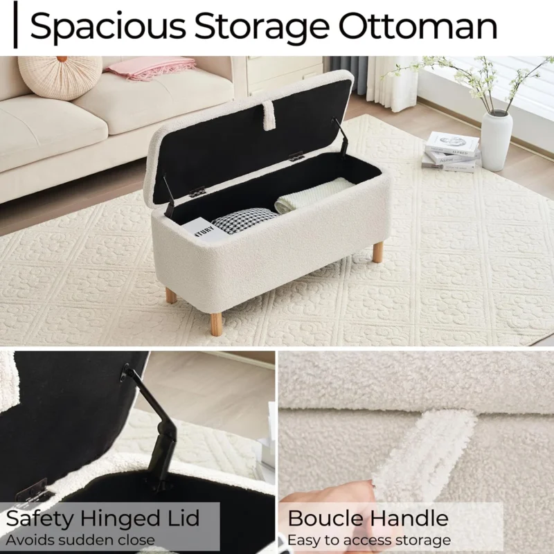 Modern Boucle Storage Ottoman Bench with Sherpa Upholstery for Bedroom and Entryway - Image 3