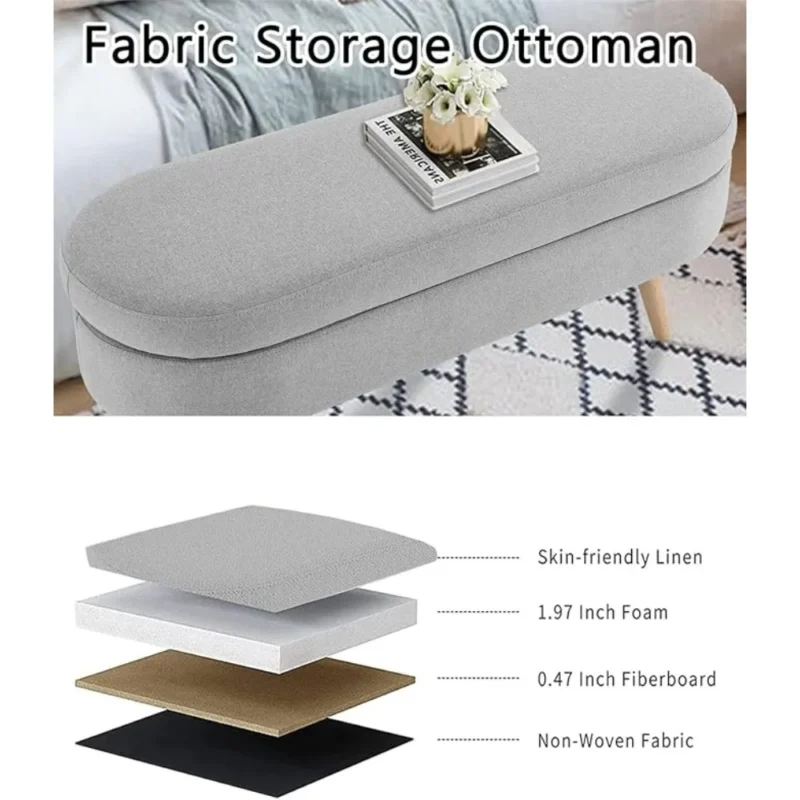 Modern Linen Upholstered Storage Bench with Wood Legs for Entryway and Living Room - Image 3
