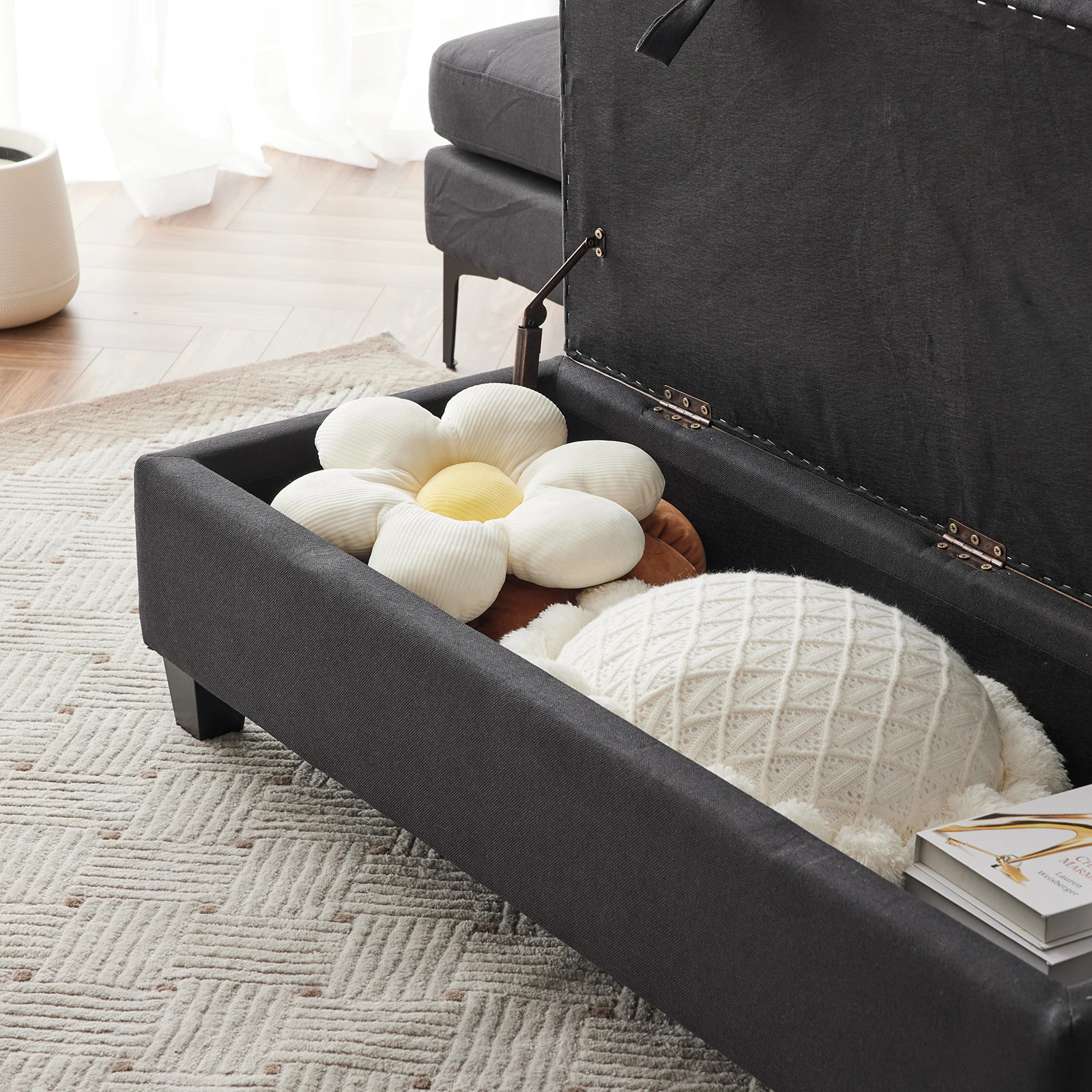 Compact entryway bench with hidden storage compartment and padded seat