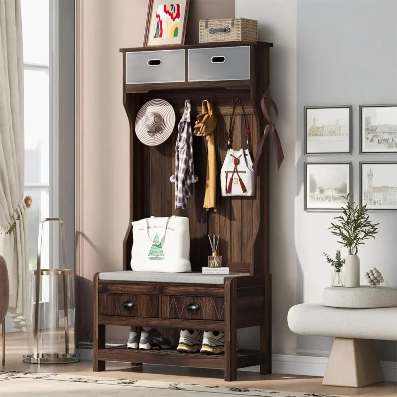 Rustic Hall Tree with Metal Hooks and Storage Drawers for Entryway Organization - Image 7