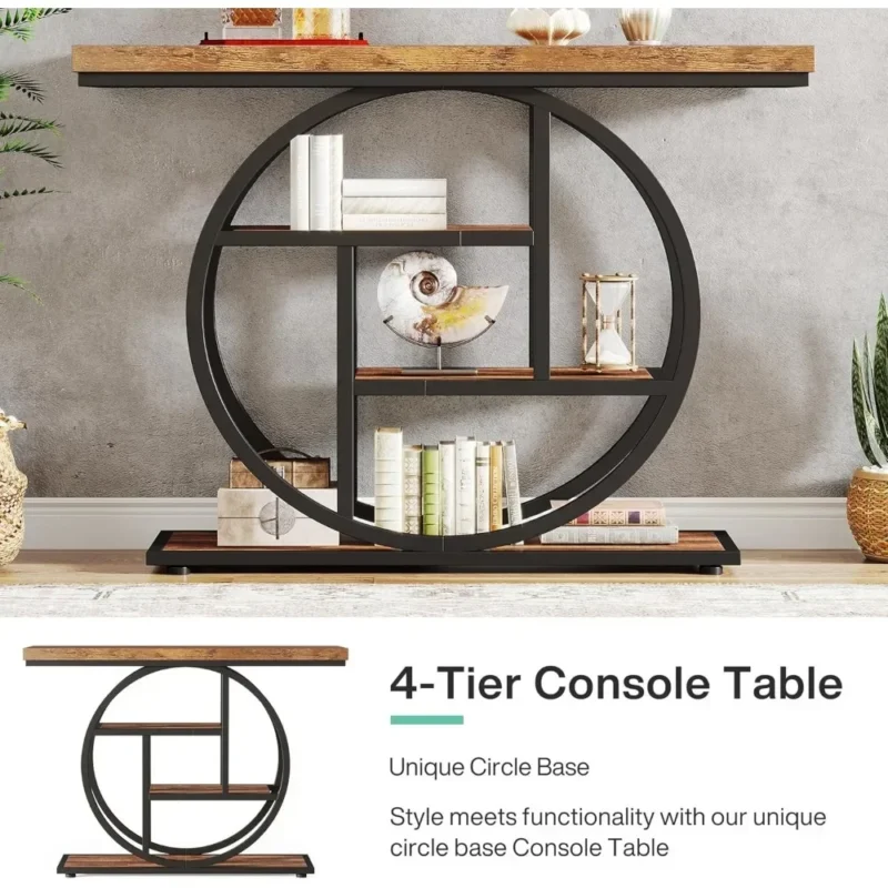 Industrial Wood Entryway Console Table with Storage Shelves and Metal Circle Base - Image 6
