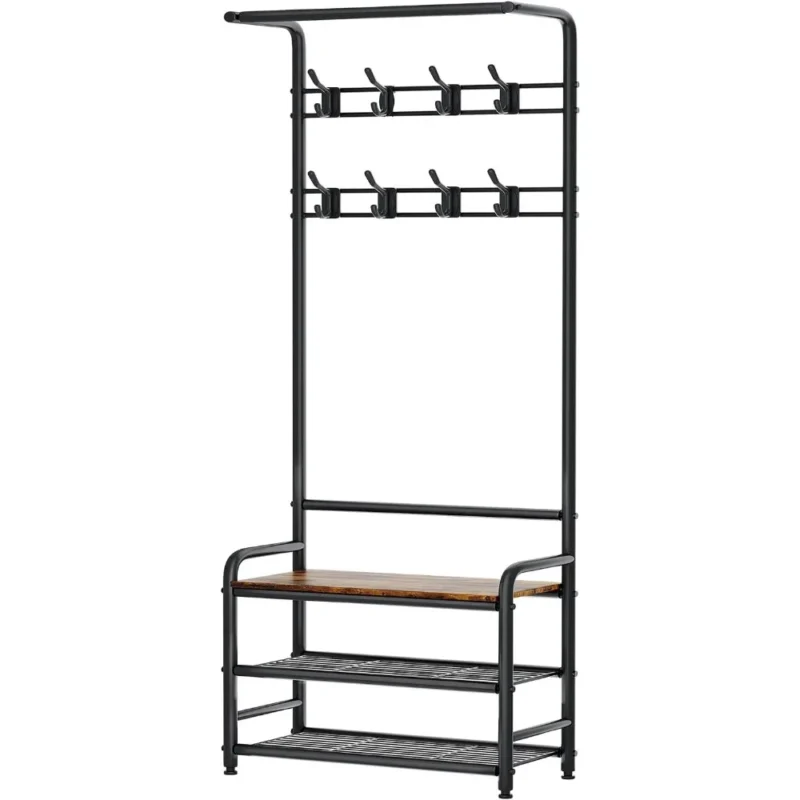 Modern Wood Hall Tree with Shoe Bench and Coat Rack for Entryway Organization