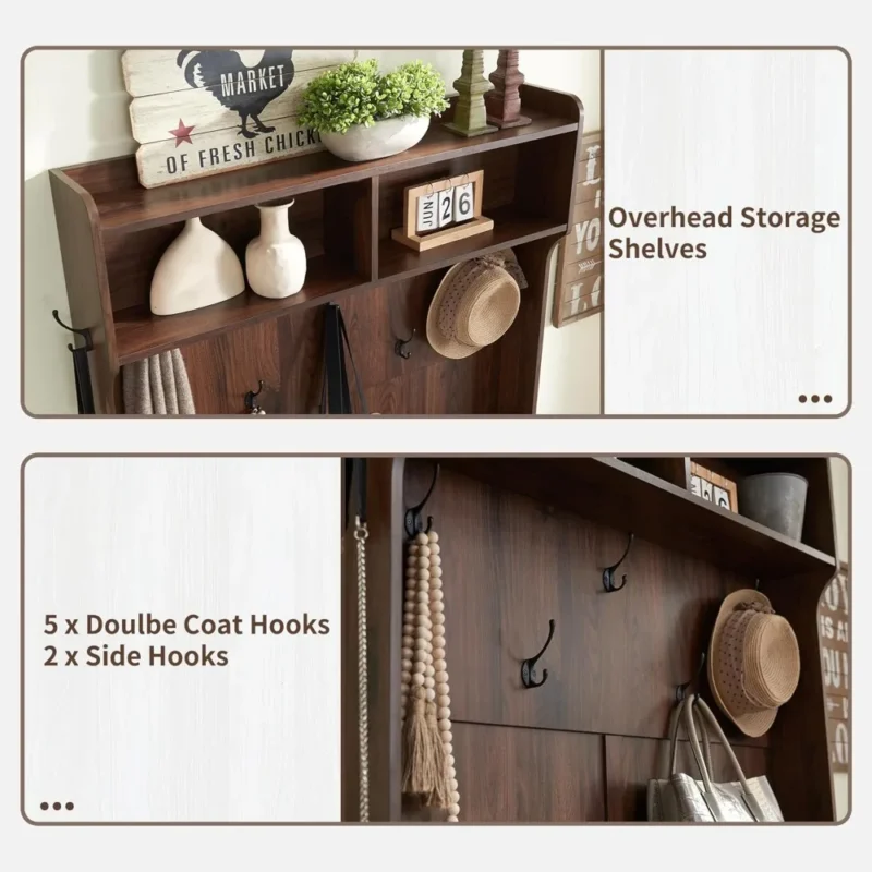 Farmhouse Wood Hall Tree with 12 Shoe Cubbies and 7 Coat Hooks for Entryway - Image 3