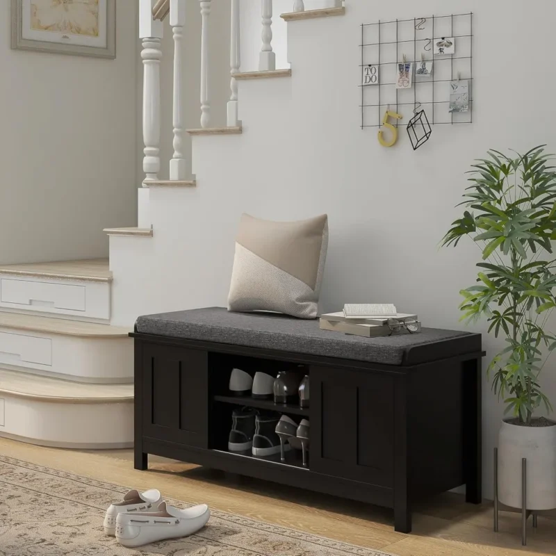 Modern Black Engineered Wood Entryway Bench with Sliding Door Shoe Storage for Hallway - Image 2