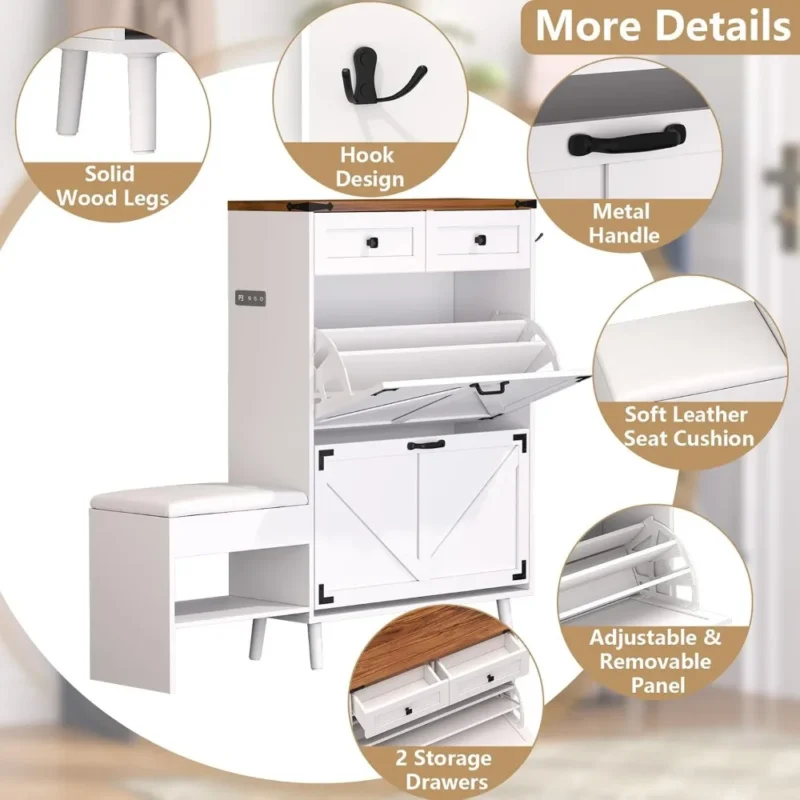 Modern Farmhouse Shoe Storage Bench with 4 Drawers for Entryway and Hallway - Image 4