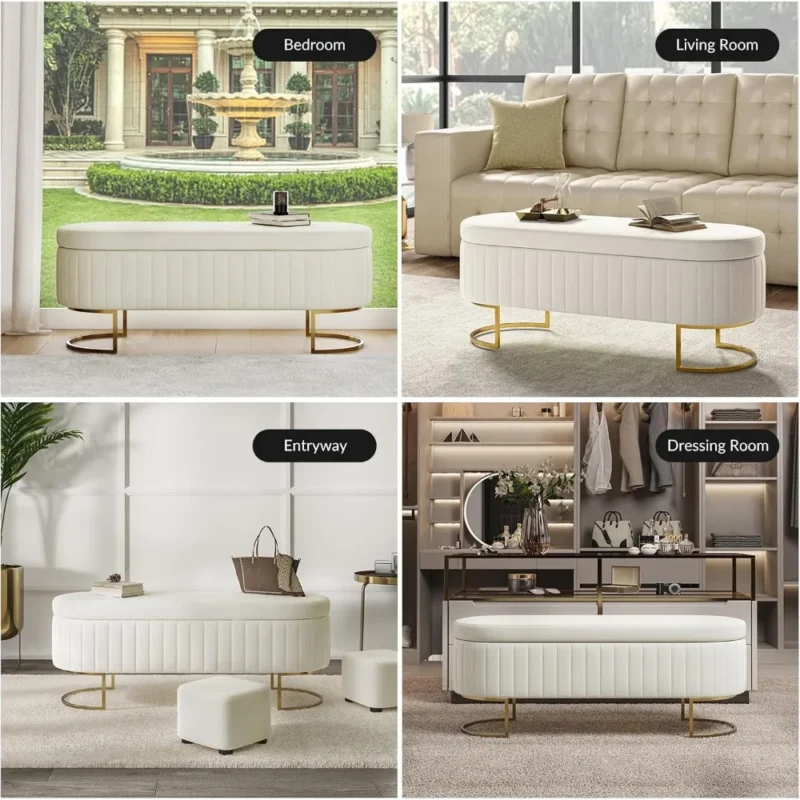 Modern Velvet Upholstered Storage Bench with Gold Legs for Bedroom and Entryway - Image 5