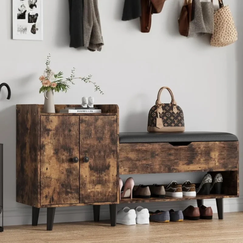Modern Wooden Entryway Bench with Hidden Storage Cabinet and Shoe Shelf - Image 4