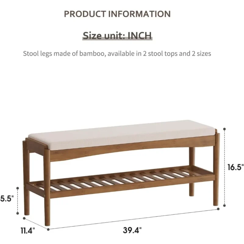Natural Bamboo Entryway Bench with Cushioned Seat and 2-Tier Shoe Storage - Image 2