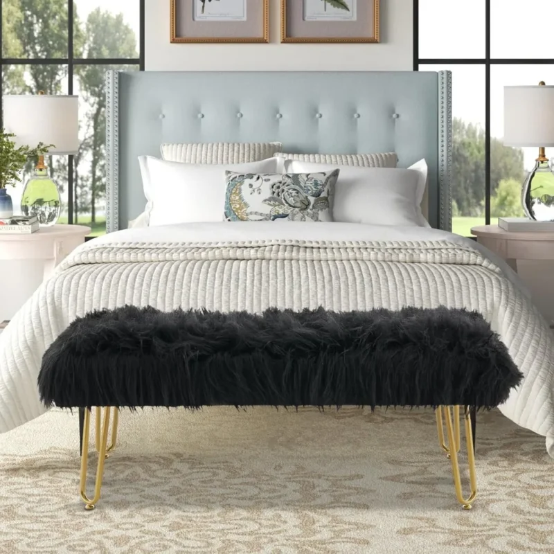 Modern Black Faux Fur Ottoman Bench with Gold Legs for Entryway and Bedroom - Image 4