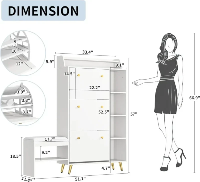 Modern Entryway Shoe Cabinet with Bench Seat and Storage Drawers for Hallway Organization - Image 2
