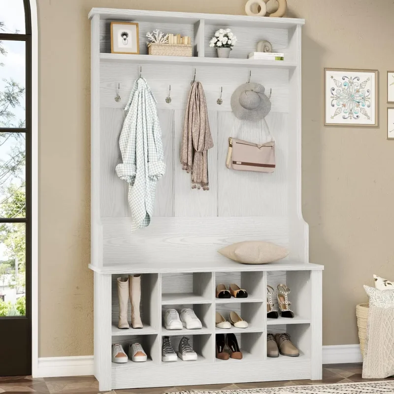 Vintage White Hall Tree Storage Bench with Adjustable Shoe Rack for Entryway Organization - Image 9