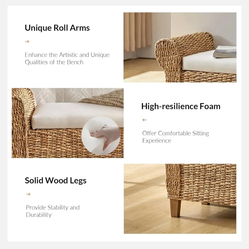 Rustic Upholstered Rattan Storage Ottoman Bench with Roll Arms for Bedroom & Living Room - Image 3