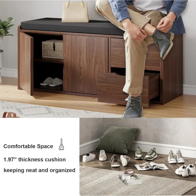 Industrial Wooden Entryway Bench with Padded Seat Cushion and Hidden Shoe Storage - Image 6