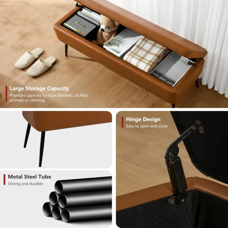 Mid-Century Modern Faux Leather Storage Ottoman Bench with Metal Frame for Entryway and Living Room - Image 3