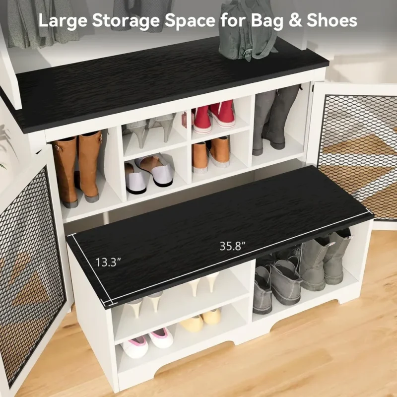 Farmhouse Hall Tree with Shoe Storage and Coat Hooks for Entryway and Mudroom - Image 3