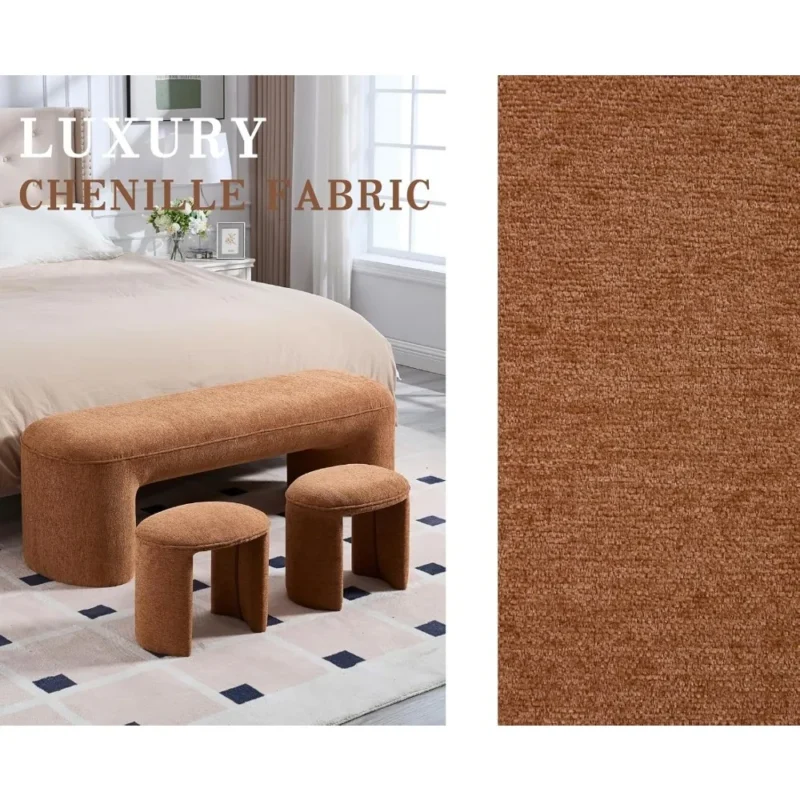 Elegant Chenille Upholstered Storage Bench Set with 2 Stools for Entryway and Bedroom - Image 5