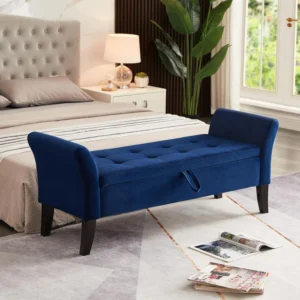 Modern Velvet Tufted Storage Ottoman Bench with Wooden Legs for Bedroom and Living Room