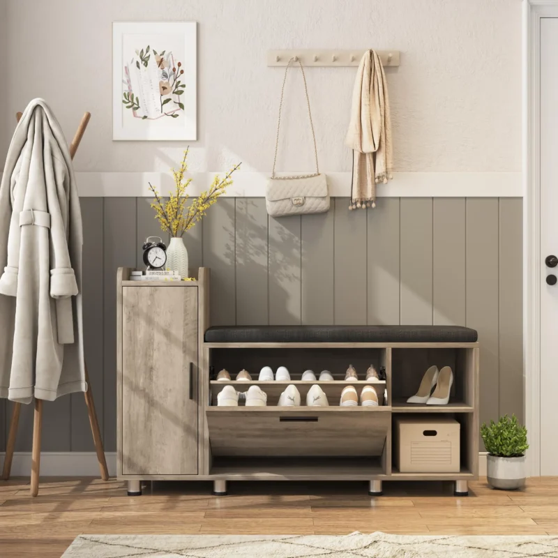 Modern Wooden Shoe Storage Bench with Padded Seat and Cabinet for Entryway - Image 9