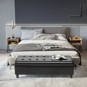 Modern Black Tufted Storage Ottoman Bench with Faux Leather Upholstery for Living Room