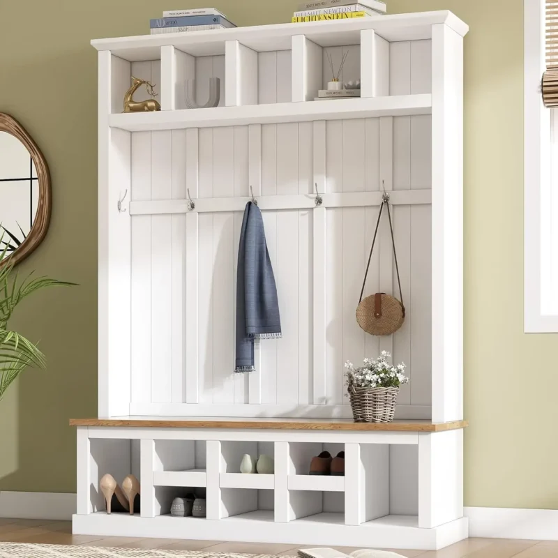 Tall Wood Hall Tree Storage Bench with Coat Hooks for Entryway Organization - Image 8
