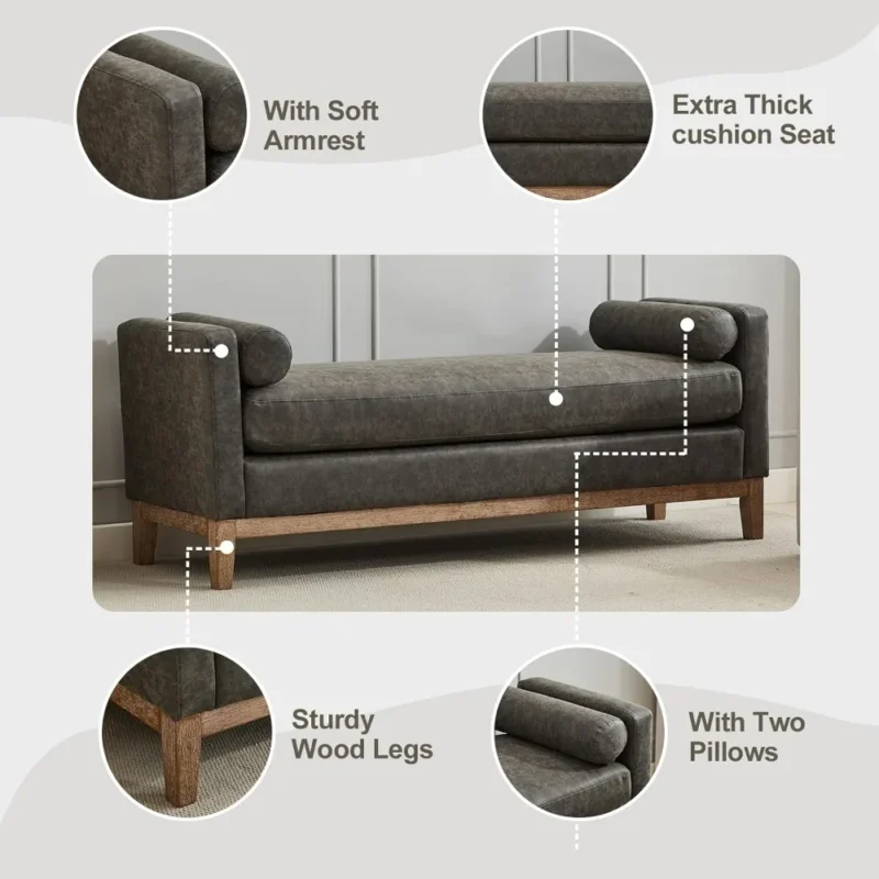 Modern Grey Upholstered Entryway Bench with Bolster Pillows and Wood Legs - Image 4